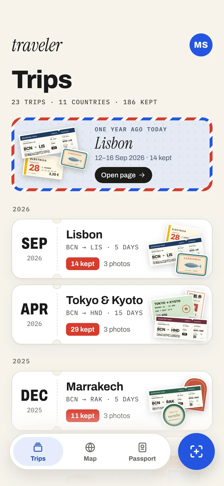 Traveler app screen: the Trips list with boarding pass and ticket stickers next to each trip