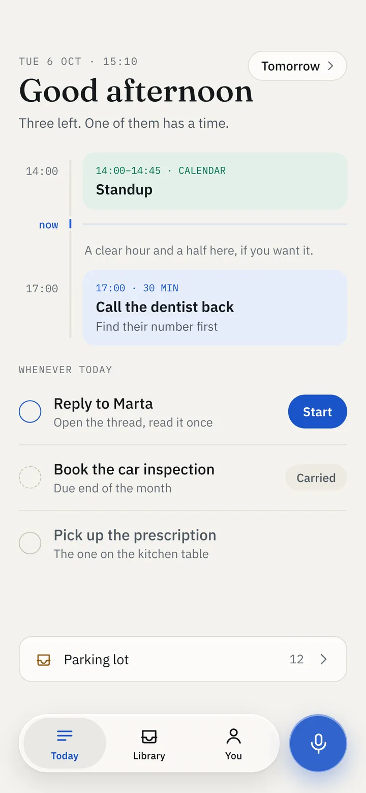 Sift app screen: today's short list, a calendar event and three tasks with a first step each