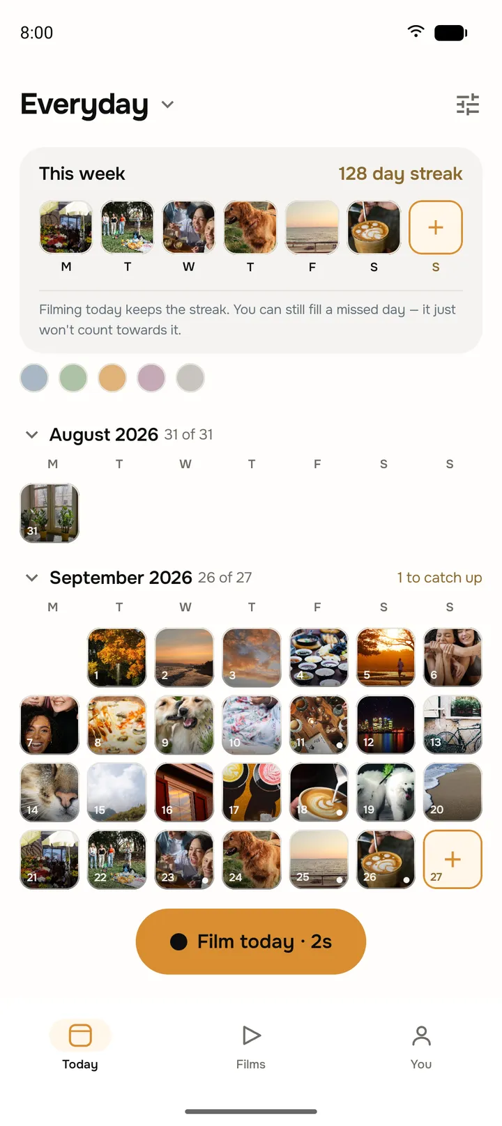 1SecDaily app screen: this week's clips on the Everyday calendar with a 128 day streak