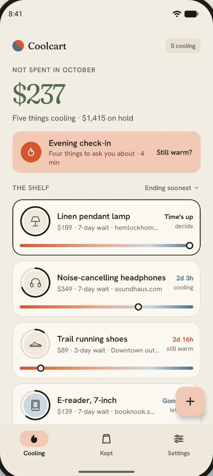 Coolcart app screen: the shelf of items cooling off and the money not spent this month