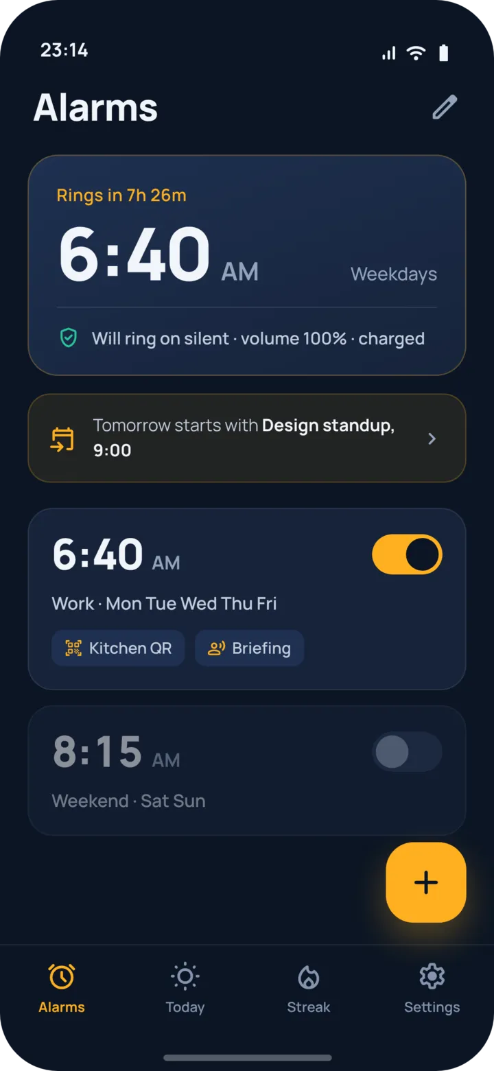 Dayrise app screen: the Alarms list in dark mode with a 6:40 weekday alarm and its missions