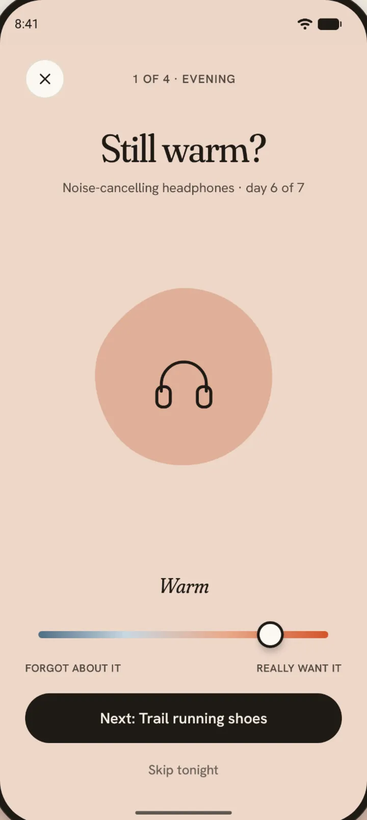 Coolcart app screen: the evening check-in asking Still warm? with a warm to cold slider