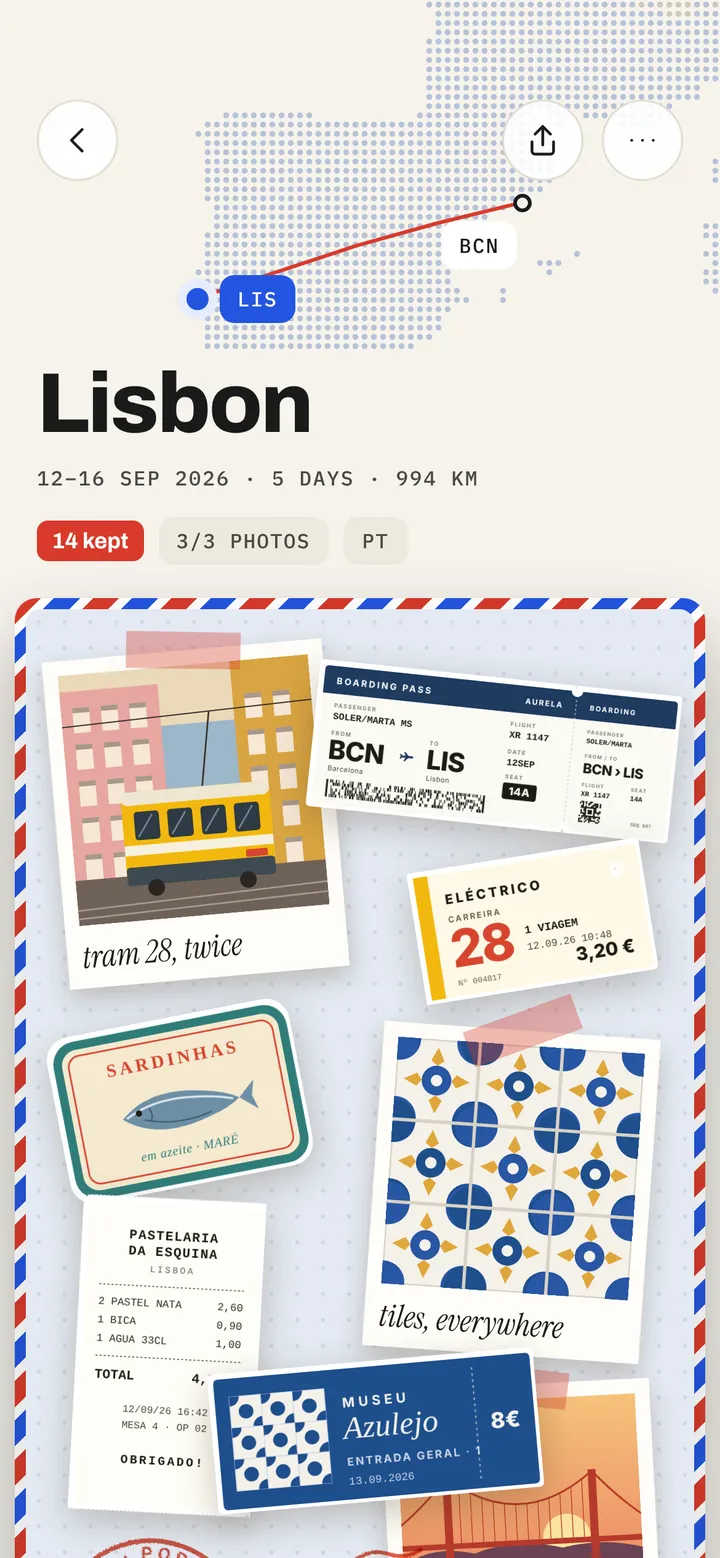 Traveler app screen: a Lisbon trip page, a collage of scanned tickets, receipts and stamps
