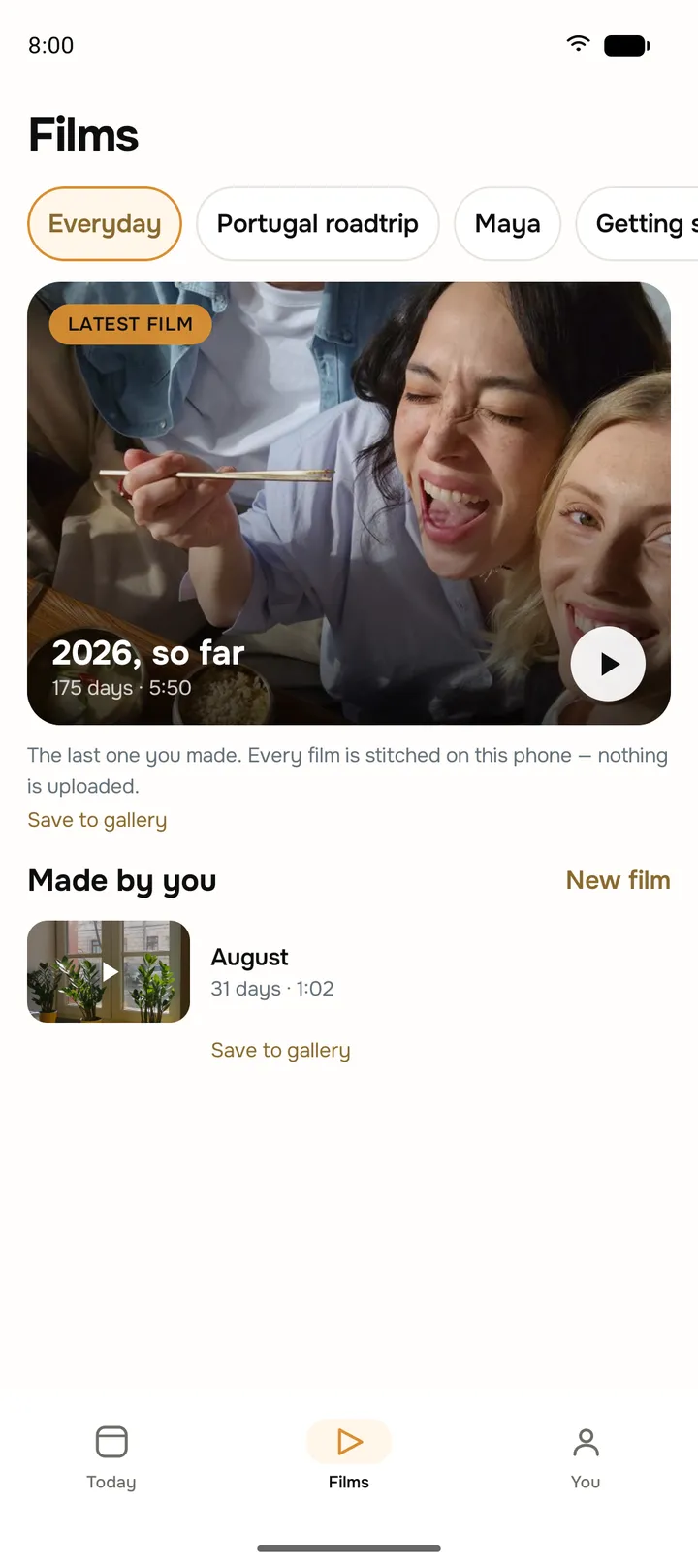 1SecDaily app screen: the Films tab with the latest stitched film, 2026 so far