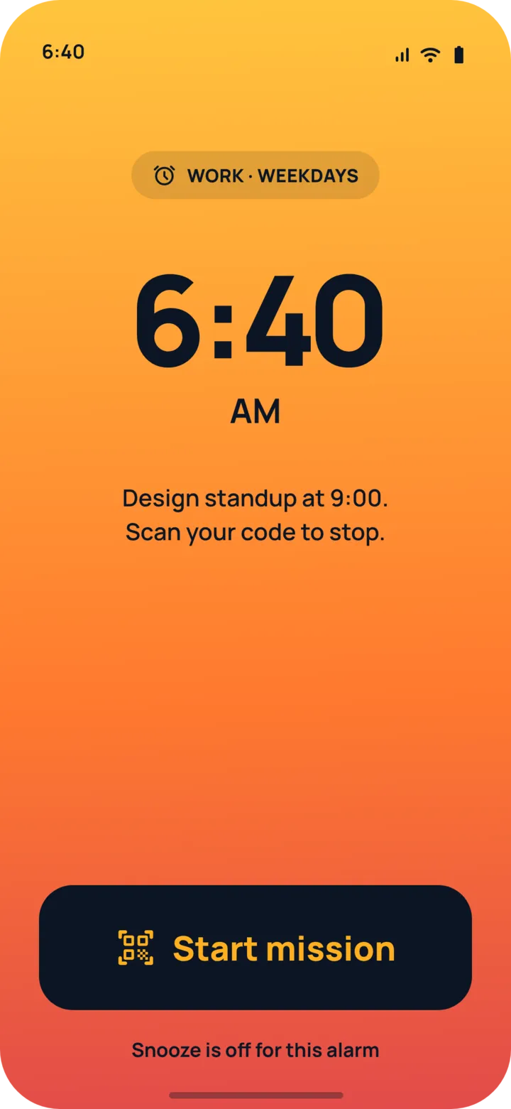 Dayrise app screen: the alarm ringing at 6:40 over a sunrise gradient with a Start mission button